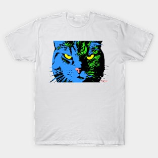 ANGRY CAT POP ART - BLUE YELLOW BLACK TRASPARENT T-Shirt